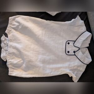 Linen/cotton White Baby Romper with Navy Trim